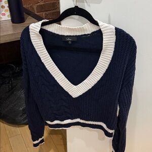 Lulu's Deep Blue and Cream V-Neck Sweater